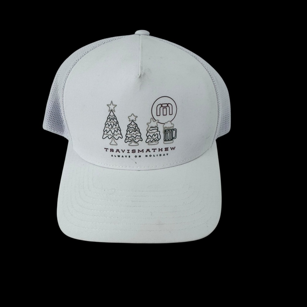 TravisMathew Mens White Christmas‎ Tree Beer Trucker Hat Flexfit 110 Snapback